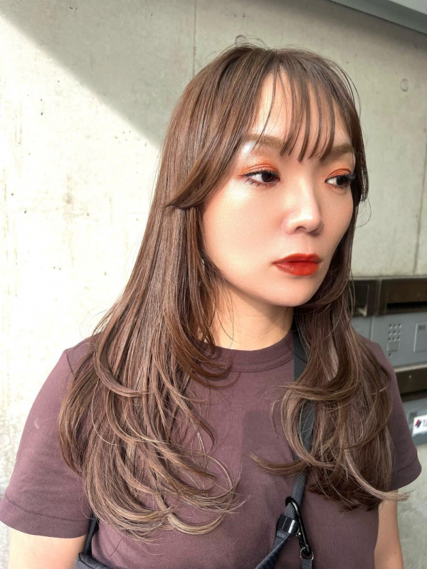 韓国風ワンカールロングレイヤーブラウンベージュ